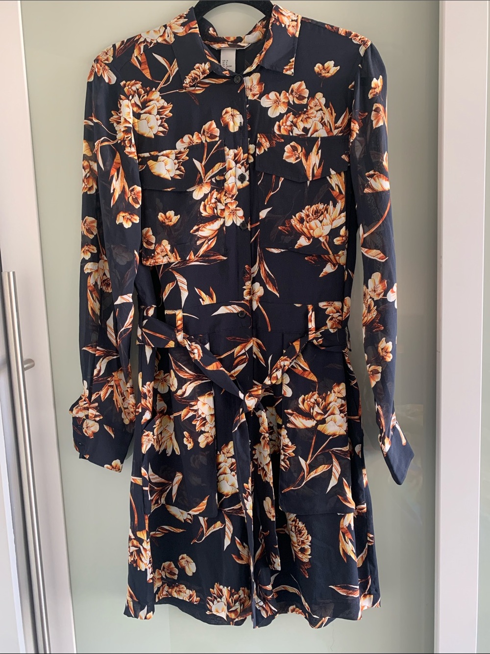 H&M Navy Floral Long-Sleeve Shirt Romper with Tie Waist